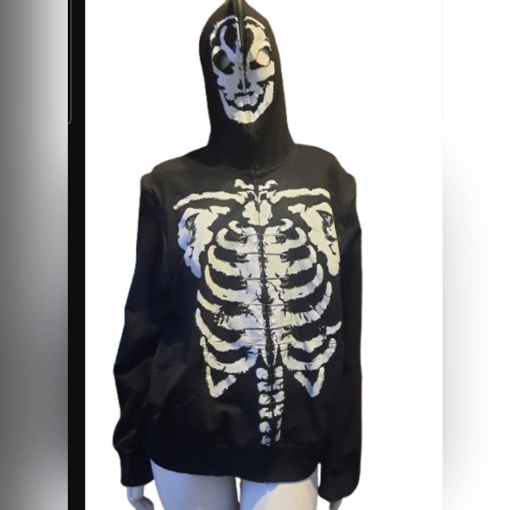 Hot Topic XXX Rude Skeleton Full Zip Skull Hoodie Full Hood Jacket Glow-In-Dark
